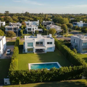 Fotografía aérea profesional de casa moderna en barrio cerrado de Pilar para inmobiliaria